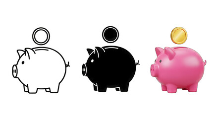 Piggy Bank and Coin Outline with 3D Piggy Bank standard isolated on a transparent background