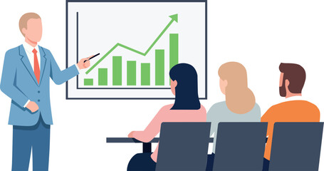 Flat vector illustration of a businessman giving a presentation to colleagues, showing a growing bar chart with an upward arrow. Concept of business success, profit growth, financial report, and teamw