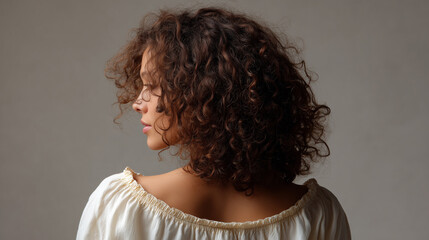 Rear view portrait of woman with natural curly hair in studio