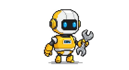 Fototapeta premium A pixel art illustration of a cute little robot with a body and head, holding a silver wrench in its hand. The robot has blue eyes on a white background.