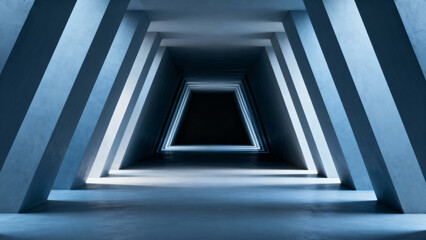 Obraz premium An abstract geometric tunnel with triangular perspective and blue tones, showcasing modern architecture and minimalist design.
