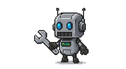 A pixel art illustration of a cute little robot with a body and head, holding a silver wrench in its hand. The robot has blue eyes on a white background.