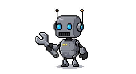 A pixel art illustration of a cute little robot with a body and head, holding a silver wrench in its hand. The robot has blue eyes on a white background.