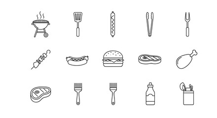 Barbecue grill party icon set. Vector line art collection of BBQ food and tools: steak, chicken, hot dog, burger, sausage, skewer. For outdoor summer cooking and picnic.