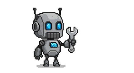 A pixel art illustration of a cute little robot with a body and head, holding a silver wrench in its hand. The robot has blue eyes on a white background.