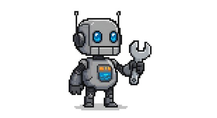 A pixel art illustration of a cute little robot with a body and head, holding a silver wrench in its hand. The robot has blue eyes on a white background.
