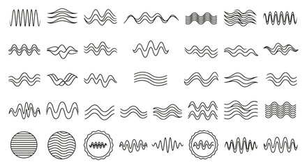 Fototapeta premium Wave line icon set. Collection of water, sea, soundwave and vibration symbols. Abstract wavy lines for logo, divider or pattern. Audio frequency and equalizer graph elements.