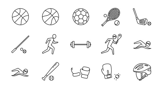 Big sport icon set collection. Line art vector icons of basketball, football, tennis, golf, swimming, running, baseball, boxing, gym fitness. Activity and equipment symbols.