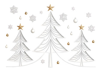Fototapeta premium Christmas trees with golden stars and snowflakes on white background 