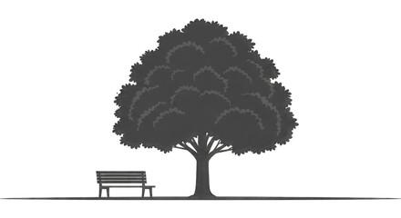 Silhouette of a large tree with a park bench on a black background isolated on a transparent background