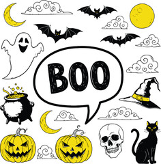 Spooky halloween elements collection with ghost bat pumpkin witch hat and moon for scary designs