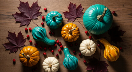 Overhead shot: pumpkins, maple leaves, and cranberries on brown wood, suggesting autumn, harvest, abundance, and Thanksgiving Day celebration
