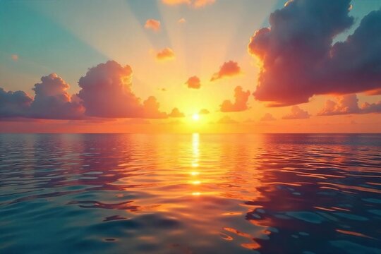 Golden Sunset Reflecting on Tranquil Ocean Awe-Inspiring Summer Scene Perfect for Travel, Vacation, and Summer-Themed Websites, Brochures, and Social Media.