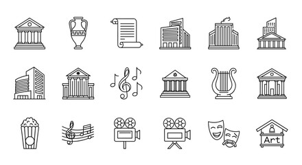 Art and culture linear icons set. Museum, theatre, cinema, music, and history symbols. Ancient greek vase, lyre, scroll. Modern building. Popcorn, film camera, masks vector.