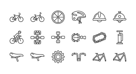 Bicycle parts and cycling accessories line icon set. Vector collection of bike components like frame, wheel, saddle, pedal, chain, gear, helmet, bell, and pump for sport.