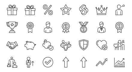 Business success and rewards program vector line icon set. Thin line icons for achievement, finance, and loyalty. Includes trophy, medal, handshake, growth chart, and more.