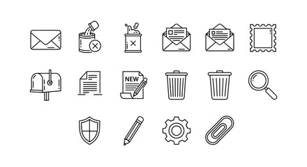 Email line icons. Mail service user interface pictograms. Spam, delete, compose, search, attachment, settings, security. Thin outline vector symbol set for web and mobile.