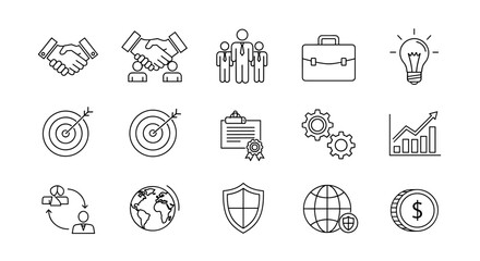 Business line icon set. Partnership handshake deal. Corporate teamwork. Financial growth chart. Goal target achievement. Global security. Idea innovation lightbulb. Vector symbols.