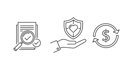 Insurance policy review and money back guarantee icon set. Health protection, financial security, and investment return concepts. Vector line art for business audit and cashback.