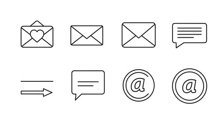 Set of communication line icons for web and mobile. Mail, email, message, and chat symbols. Love letter, envelope, speech bubble, send arrow, at sign for contact us.