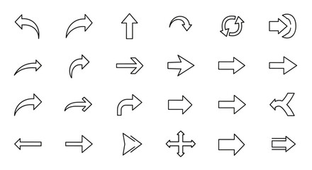 Arrow thin line icon set. Simple black outline direction symbols. Pointer collection for web design, UI, UX. Navigation signs: next, back, up, down, refresh, reload, share.