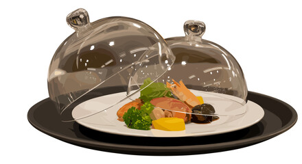 Fine dining gourmet appetizer with shrimp and vegetables under a transparent glass cloche. Luxury seafood dish presentation on a tray. Concept for a fancy restaurant menu.