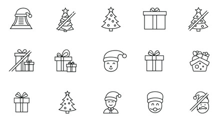 Christmas icon set with festive and anti-Christmas concepts. Line art vector graphics of Santa Claus, gift box, present, and tree for holiday celebration or cancellation themes.