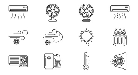 Heating and cooling line icon set. Air conditioning, ventilation, and climate control symbols. Includes fan, heater, thermometer, sun, wind, and snowflake icons.