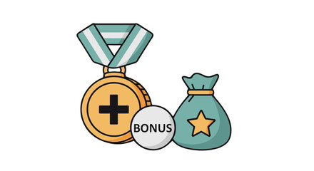 Bonus reward icon with medal and money bag. Financial incentive concept for employee recognition or loyalty program. Cash prize for achievement, success, and extra value.