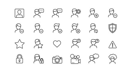 User profile line icon set. People, avatar, member and contact thin line vector icons. Social media UI UX elements. Add, delete, favourite, chat, security and settings signs.