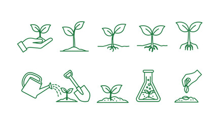 Plant growth stages vector icon set. Sprout, seedling, roots in soil. Hand planting seed, watering can. Gardening, agriculture, botany science. Eco farming, sustainability. Nature life cycle.