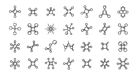 Molecule line icon set. Chemistry and science concepts. Atomic and molecular structures. Chemical bond, physics, biology, and research vector symbols for scientific design.
