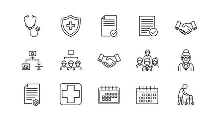 Healthcare & medical insurance icon set. Patient advocate, elder care, legal assistance & health policy symbols. Line icons for contract, senior, family & retirement planning.