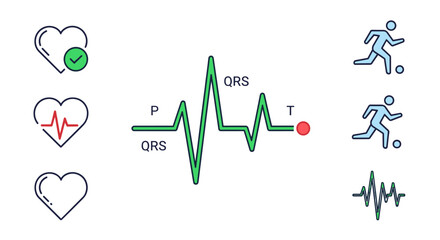 Cardiology concept with EKG, ECG waveform analysis. Heartbeat line, pulse rate for sport fitness. Medical vector icon set for health diagnosis. P, QRS, T waves graph.