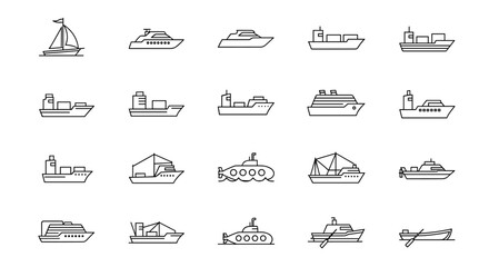 Ship and boat icon set. Water transport collection. Vector line style icons of sailboat, yacht, cargo ship, cruise liner, submarine, fishing boat, ferry and rowboat.