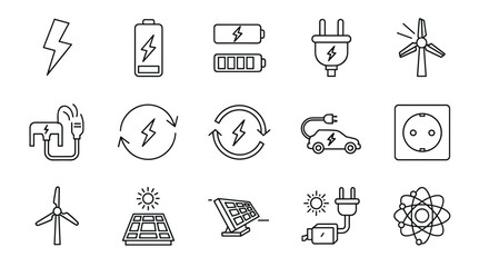 Energy power line icon set. Renewable green electricity generation. Vector symbols of solar panel, wind turbine, battery charging station, electric car and nuclear power.