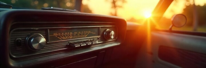 Golden Hour Sunlight Streams Through Car Window, Illuminating Vintage Radio; Nostalgic Road Trip Scene, Perfect for Travel, Nostalgia, and Morning Themes.