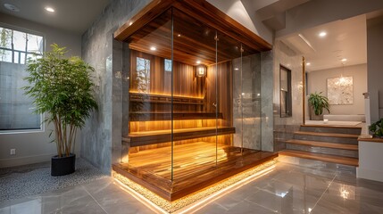 Fototapeta premium Modern home spa featuring a luxurious, glass-enclosed wooden sauna. The room has sophisticated grey tiled floors and a tranquil bamboo plant.