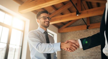 Smiling businessman wearing glasses and light blue shirt shaking hands with another person in a modern office. Bright natural lighting, wooden ceiling and brick wall background