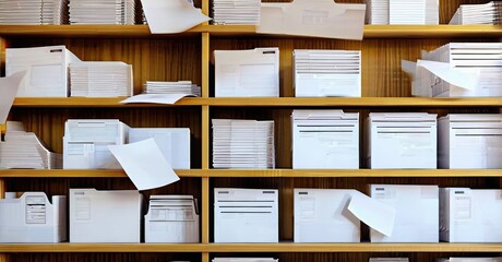 Shelves filled with stacked papers, folders. Some loose sheets present, creating cluttered office storage scene.