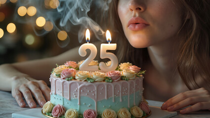 Young woman smiling and preparing to blow out candles on a birthday cake celebrating her 25th birthday, warm festive lights creating a joyful atmosphere.
