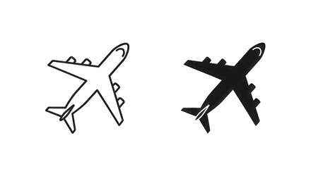 Two Airplane Icons, One Outline and One Solid aircraft isolated on a transparent background