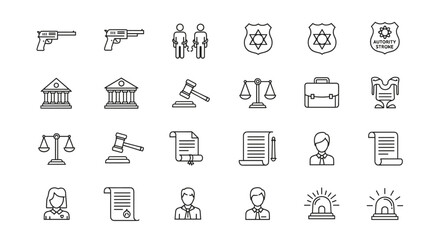 Law and justice thin line icons. Police authority, crime, and court signs. Legal symbols. Lawyer, judge, gun, courthouse, gavel, scales, badge vector illustration set.