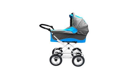 Modern baby stroller isolated on white background blue and gray pram carriage