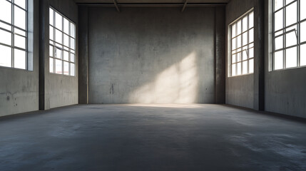 Expansive warehouse interior featuring concrete walls, polished concrete floor and large multi paned windows providing natural light to the space.