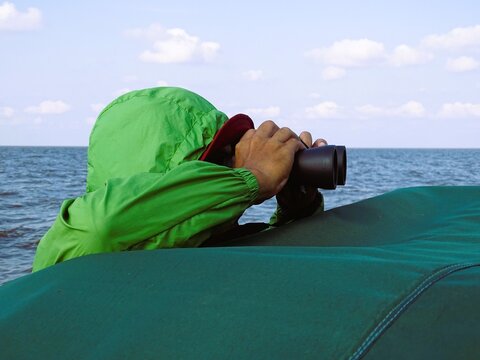 An Asian man is using binoculars to watch the movement of wildlife from a speedboat.