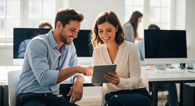 Two cheerful coworkers sitting together in a modern open office, looking at a digital tablet and smiling. Bright natural light, professional casual clothing - Powered by Adobe