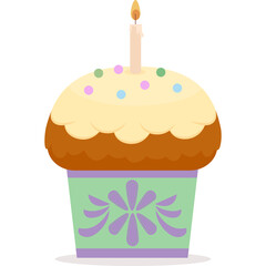 Single Vanilla Cupcake with Cream Frosting Sprinkles and Birthday Candle on a Transparent Background Festive Celebration Treat