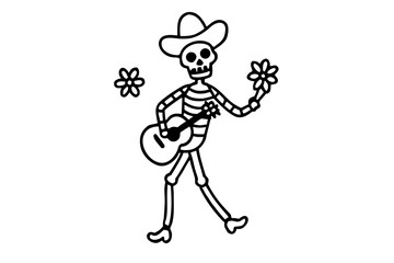 Dancing Skeleton Vector, Mexican Festival Celebration with Guitar and Marigold Flowers, Flat Style Illustration 