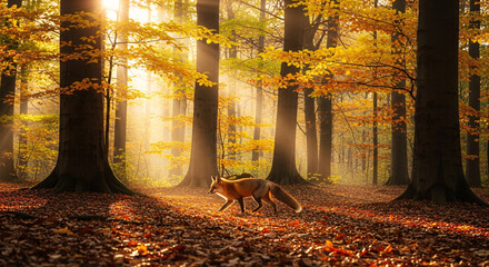 Autumn's Embrace: A majestic fox ventures through a forest illuminated by sunlight, embraced by the vibrant hues of autumn, showcasing the beauty of fall's season. 